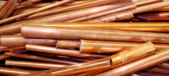 Pile of high-quality copper scrap metal for metalworking and fabrication projects