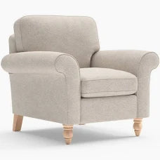 Beige armchair with wooden legs on a white background